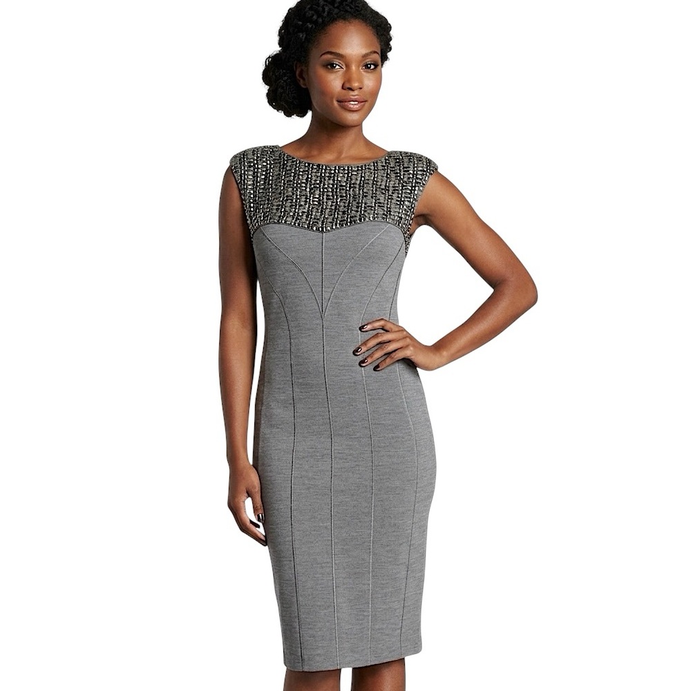 TED BAKER Lamu Studded Panel Fitted Sheath Dress Wool Grey Ted Size 3/US Size 8